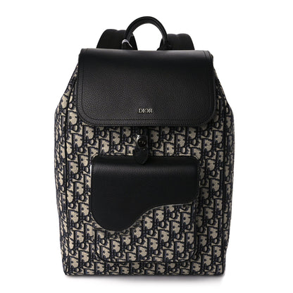 Christian Dior Oblique Jacquard Grained Calfskin Drawstring Saddle Backpack Beige Black