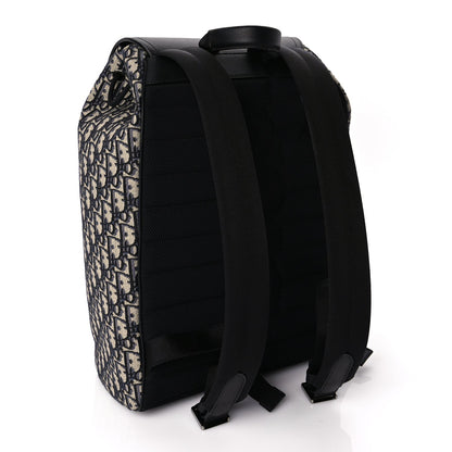 Christian Dior Oblique Jacquard Grained Calfskin Drawstring Saddle Backpack Beige Black