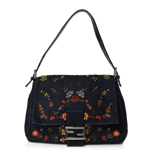 Fendi Denim Beaded Mama Baguette Blue