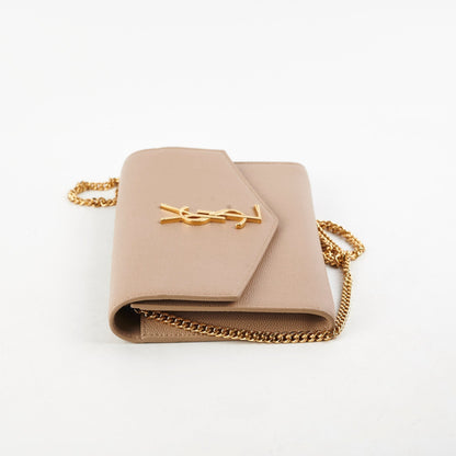 Saint Laurent Uptown Pouch In Grain With Chain Beige