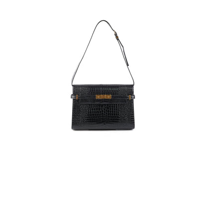Saint Laurent Manhattan Shoulder Bag In Crocodile Embossed Black