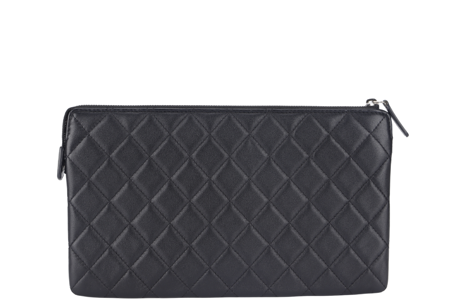 Chanel BLACK LAMBSKIN QUILTED CLUTCH (2638xxxx) SILVER HARDWARE WITH DUST COVER AND BOX