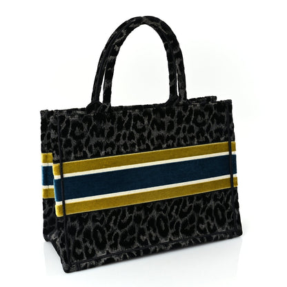 Christian Dior Velvet Mizza Embroidered Medium Leopard Book Tote Black Yellow Blue