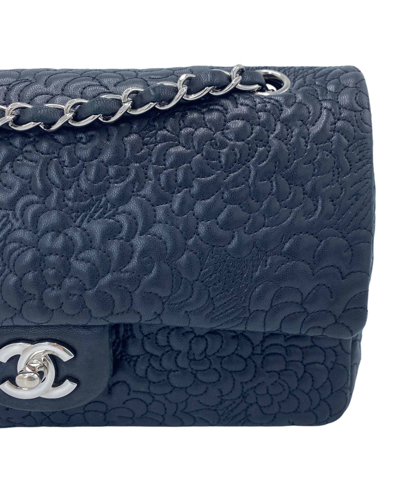 Chanel Black Camellia Embossed Lambskin Classic Timeless Medium Double Flap Bag Shw