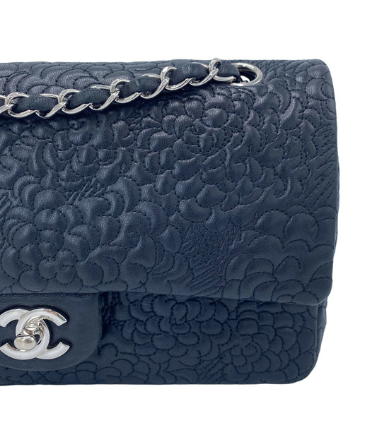 Chanel Black Camellia Embossed Lambskin Classic Timeless Medium Double Flap Bag Shw