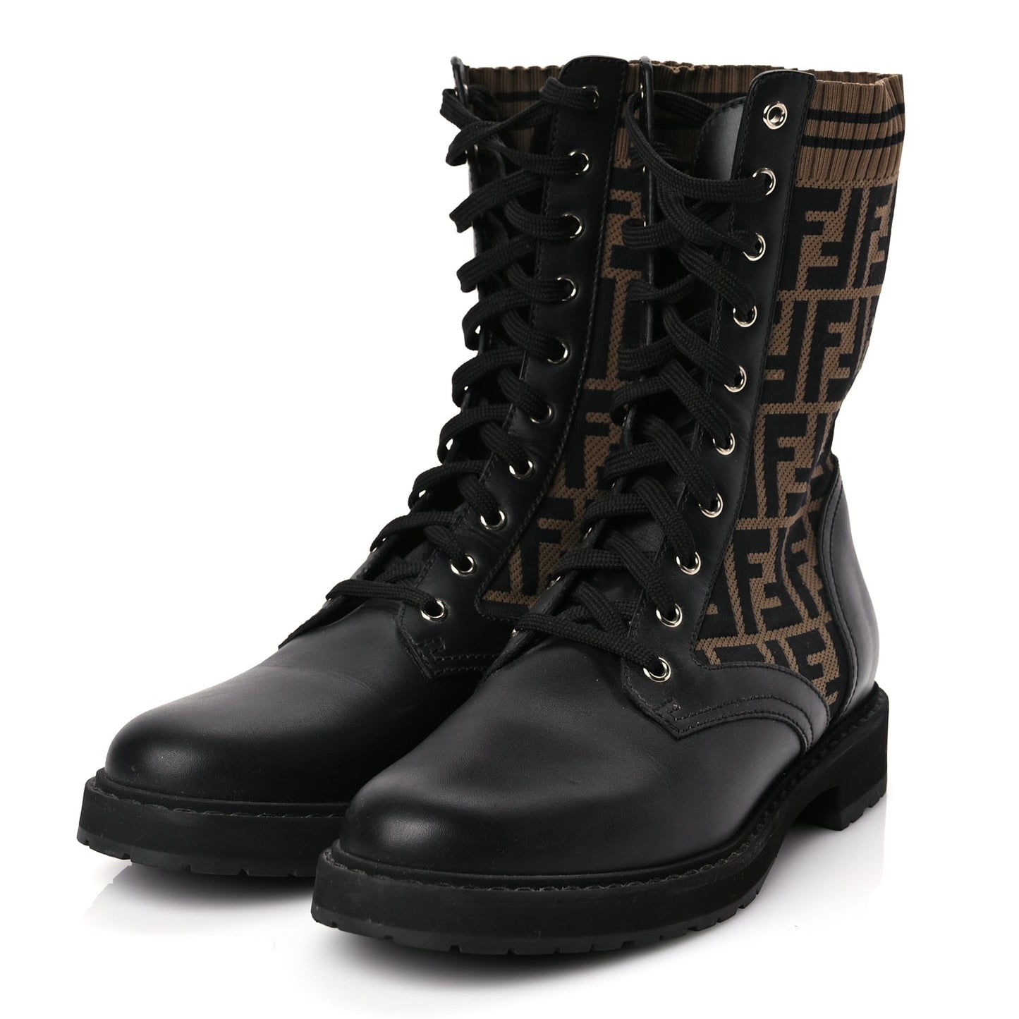 Fendi Calfskin Stretch Fabric FF Rockoko Biker Boots 40.5 Black Tobacco