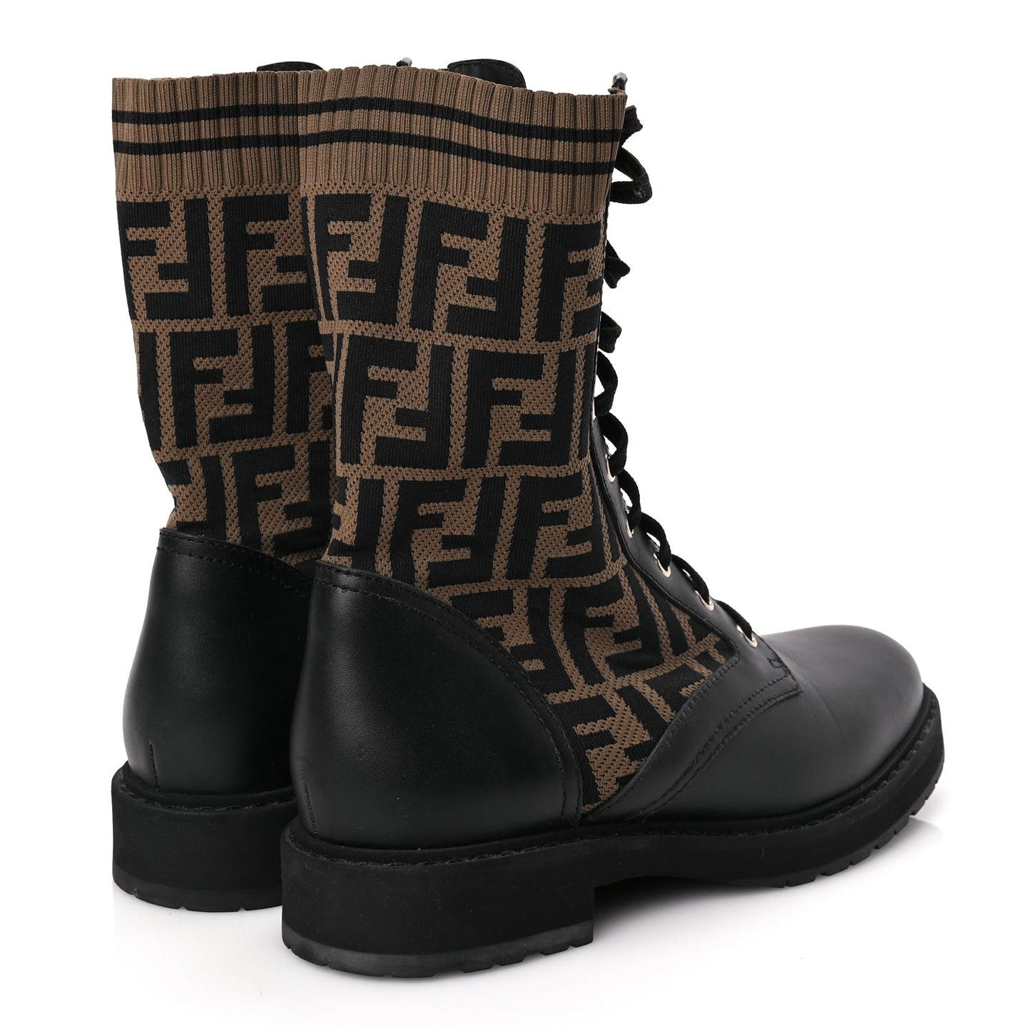Fendi Calfskin Stretch Fabric FF Rockoko Biker Boots 40.5 Black Tobacco