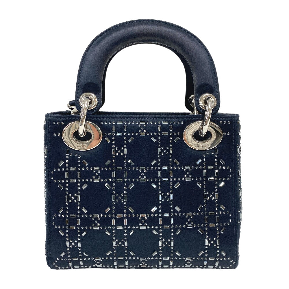 Christian Dior Shoulder Bag Satin black Lady Dior 2WAY handbag Rhinestone mini cannage Women