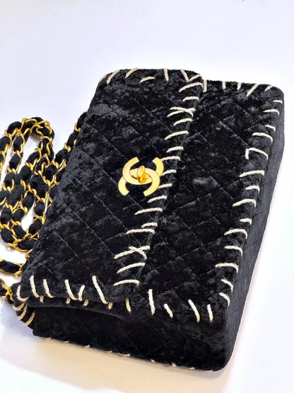 Chanel 1993 Black Velvet Whipstitch Flap Bag