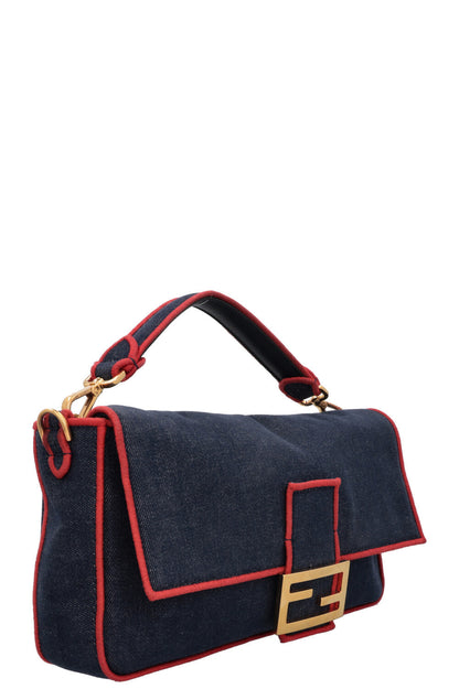 FENDI Large Baguette Crossbody Bag Denim Red