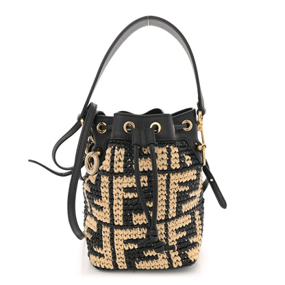 Fendi Raffia Vitello Seta F is FF Woven Mini Mon Tresor Bucket Bag Black Natural