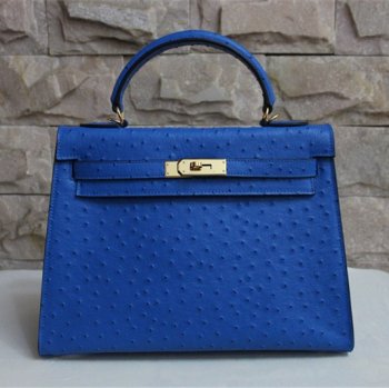 Luxury Hermes Kelly 32Cm Ostrich Vein Handbag Blue Golden
