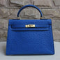 Luxury Hermes Kelly 32Cm Ostrich Vein Handbag Blue Golden