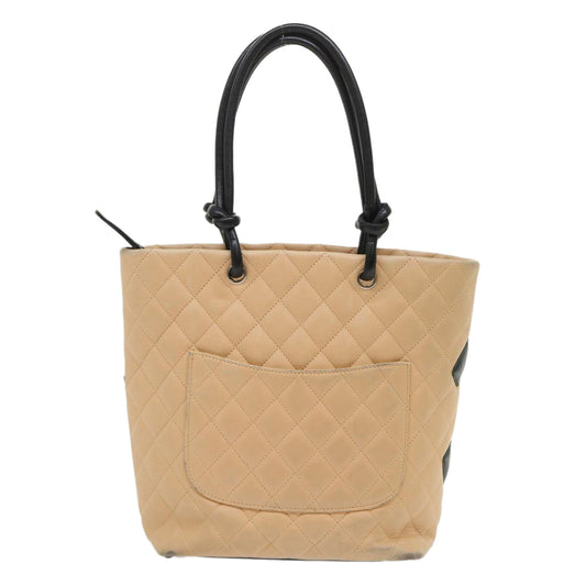 Chanel Cambon Line Tote Bag Leather Beige CC Auth am4685