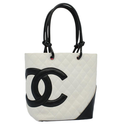 Chanel Cambon Line Tote Bag Leather White CC Auth am5197A