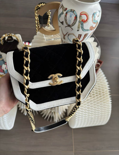 Chanel Seasonal Flap Bag Black And White Velvet With Gold Hardware
