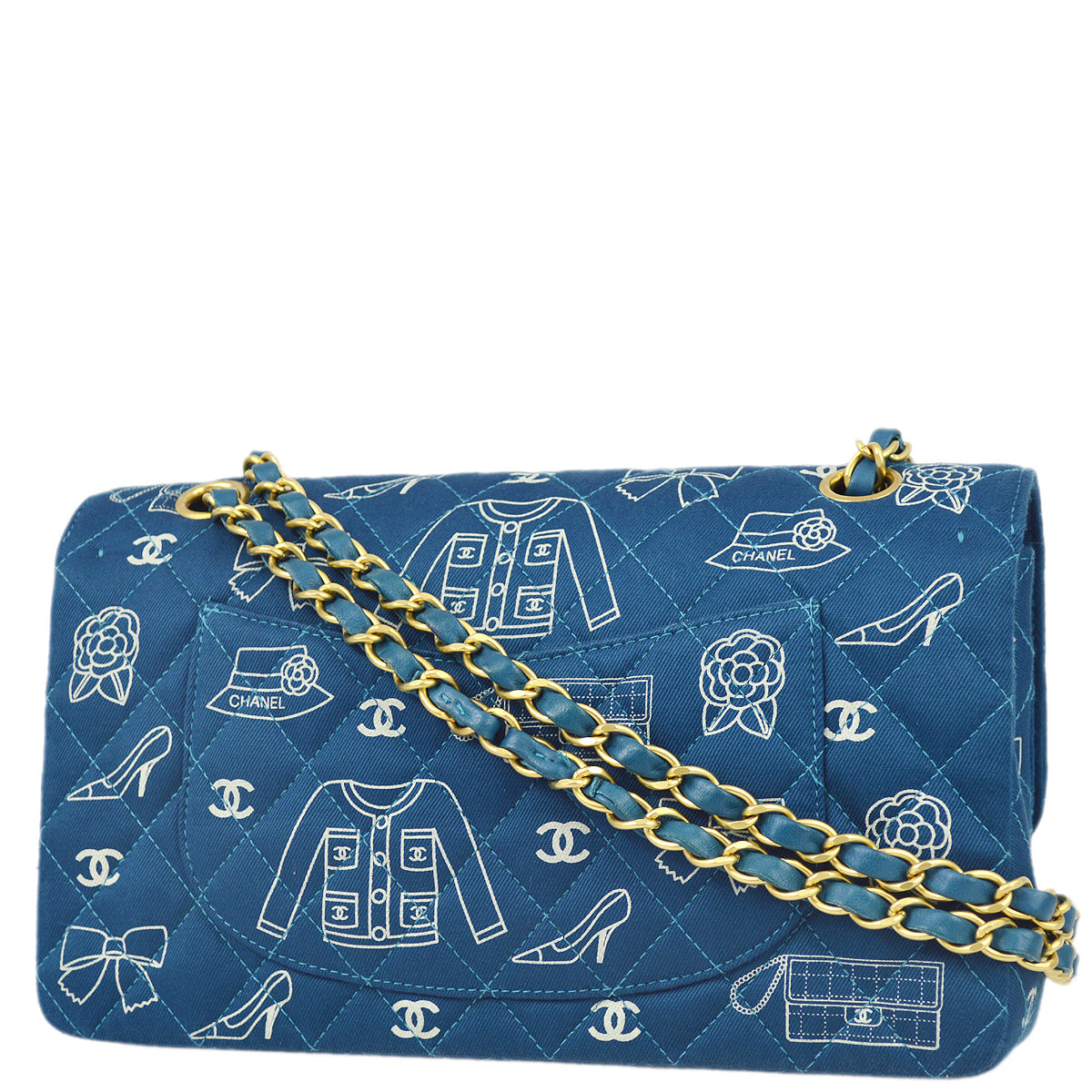 Chanel Blue Canvas Icon Medium Classic Double Flap Shoulder Bag