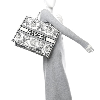 Christian Dior Canvas Embroidered Large Toile De Jouy Soleil Book Tote Black White