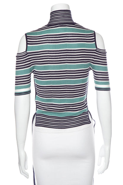 Fendi Teal and Blue Striped Mock Neck Cold Shoulder Top SZ 38