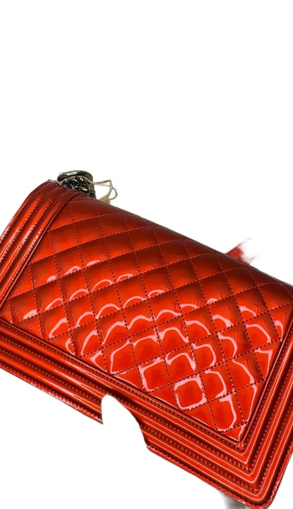 Chanel Boy Flap Bag Quilted Patent New Medium Red B11-28