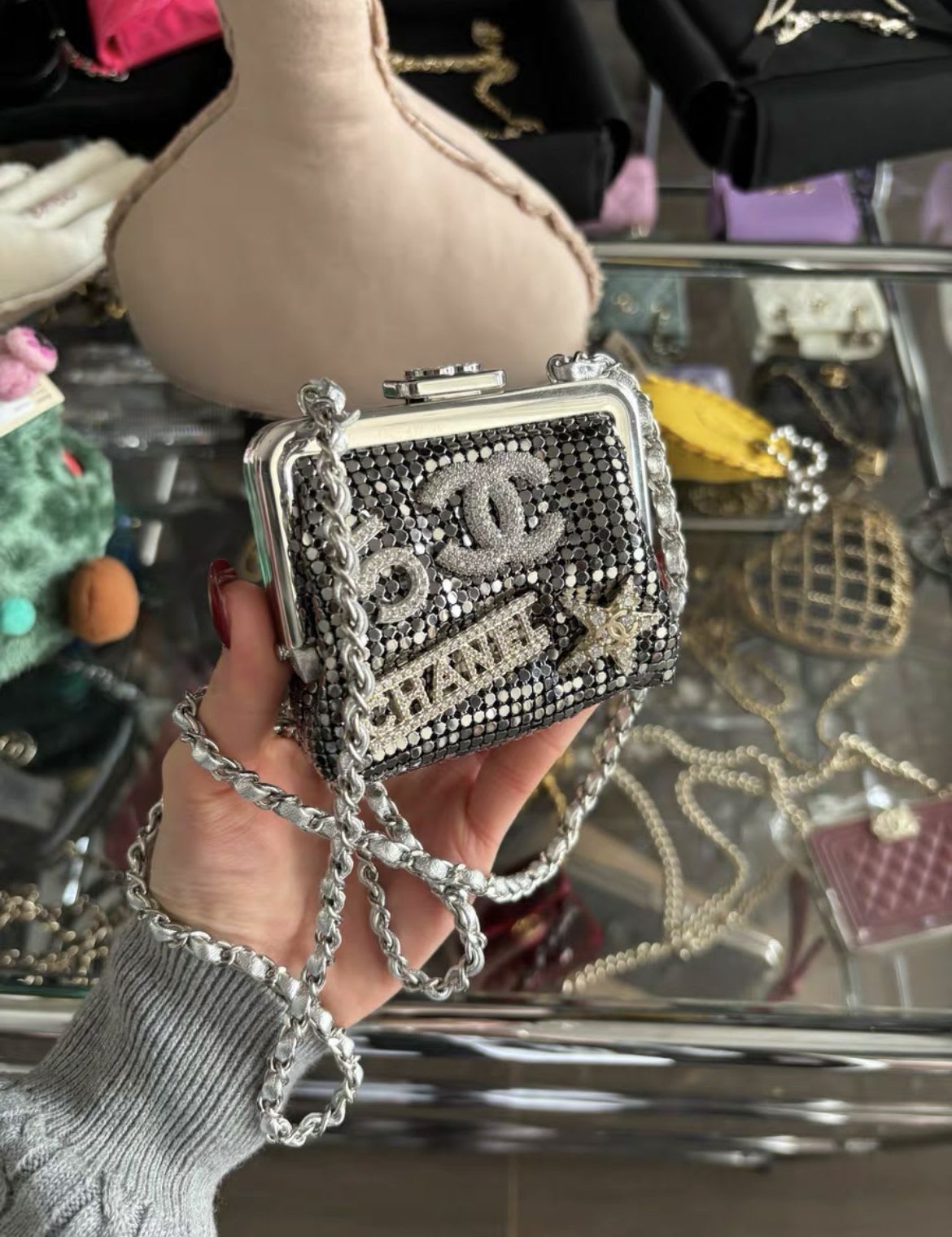 Chanel Luxury Leather Silver Clutch Silver