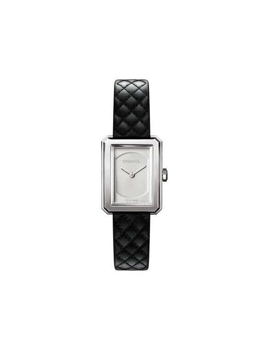 Boyfriend Calfskin Quilted Pattern Strap Small Watch Silver Black Chanel