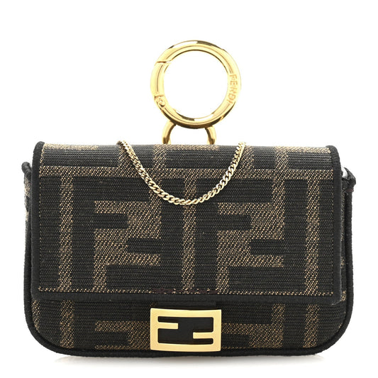 Fendi Fabric Jacquard FF 1974 Nano Baguette Charm Tobacco Moro Black