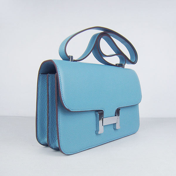 Luxury Hermes Calf Leather Message Bag Light Blue Silver