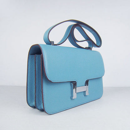 Luxury Hermes Calf Leather Message Bag Light Blue Silver