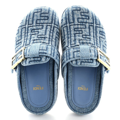 Fendi Denim Jacquard FF Womens Feel Buckled Mules 35 Blue