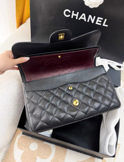 Chanel Black Lychee Leather Cf Large Jumbo Chain Bag