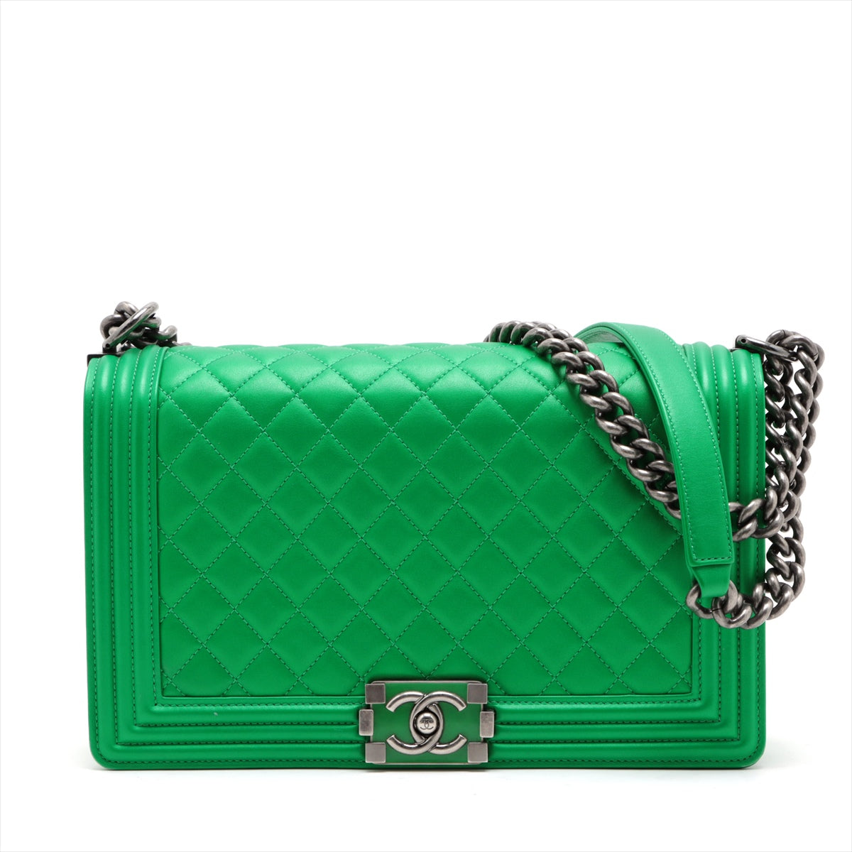 Chanel Boy Chanel 28 Chain Shoulder Bag Green Gummetal Gold 20th A92193