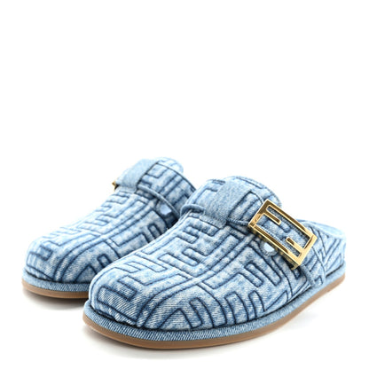 Fendi Denim Jacquard FF Womens Feel Buckled Mules 35 Blue