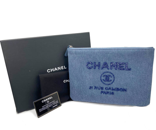 Chanel Brand New Deauville Blue Sequin Large Clutch