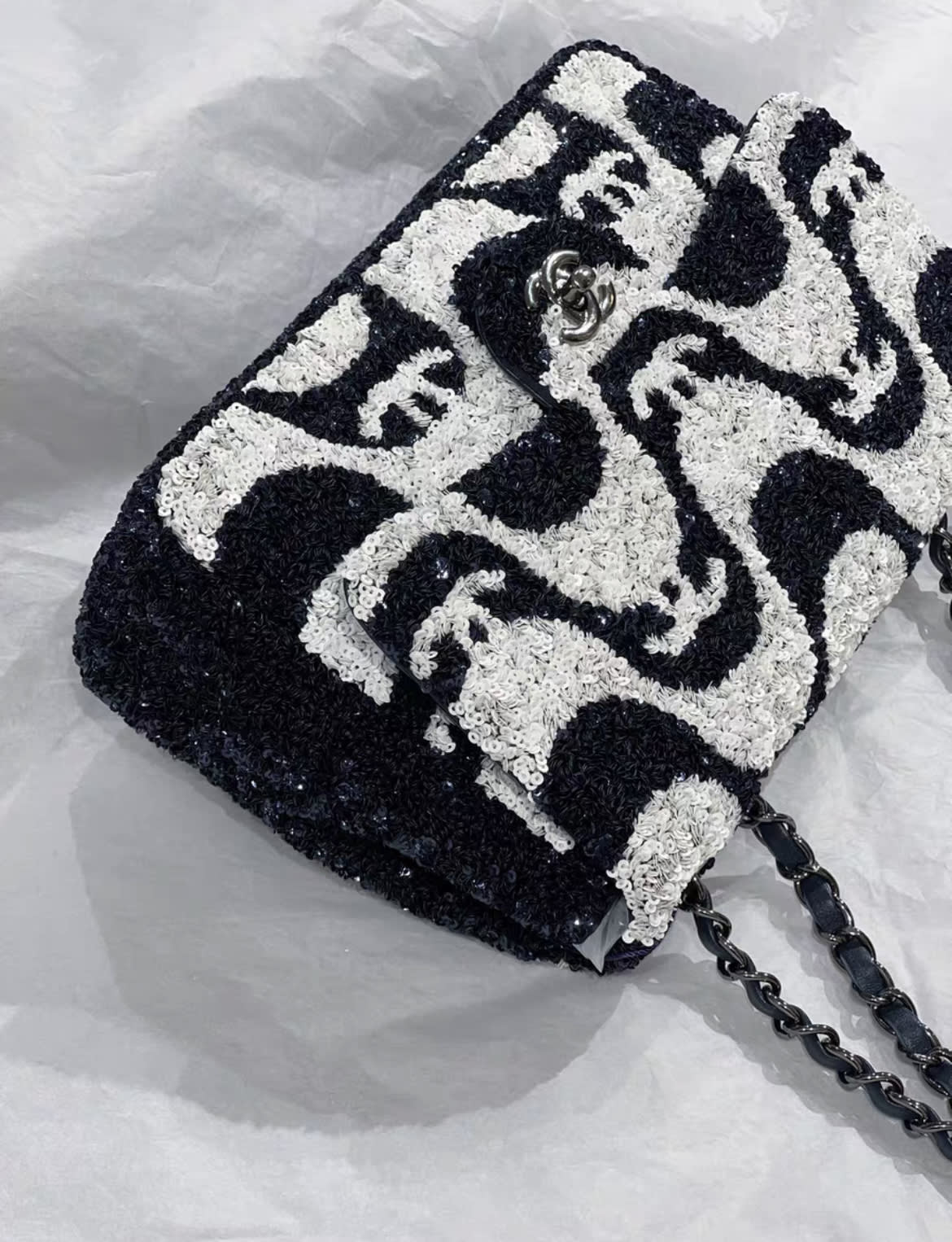 Chanel 21C Black And White Sequin Graffiti Logo Medium Classic Single Flap Ruthenium Hardware