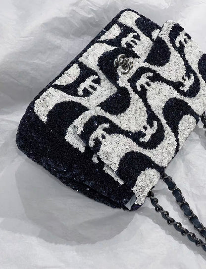 Chanel 21C Black And White Sequin Graffiti Logo Medium Classic Single Flap Ruthenium Hardware