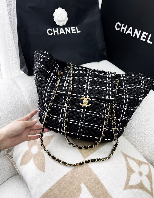 Chanel 23S Raffia Black And White Woven Tote Bag