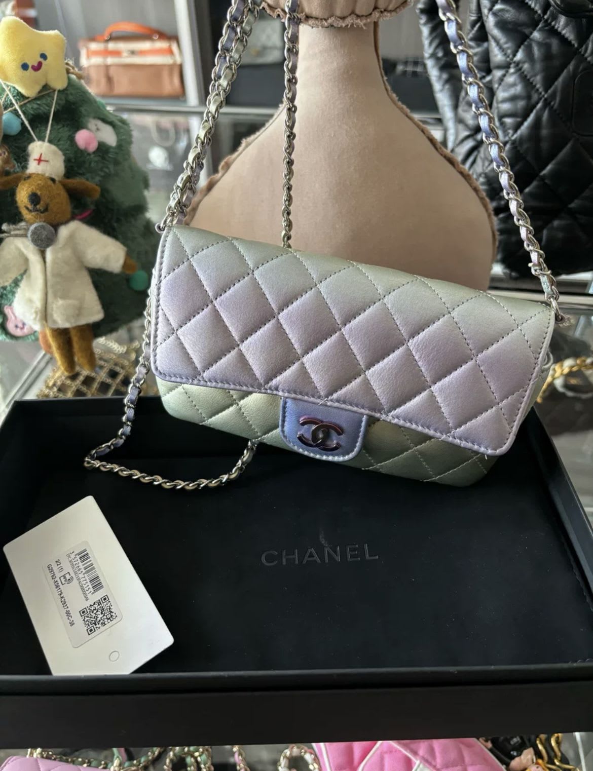 Chanel Gradient Metallic Quilted Lambskin Glasses Case On Chain Iridescent Hardware 2021