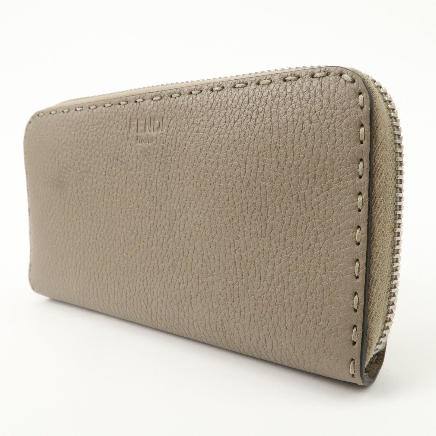FENDI Selleria Leather Zip Around Long Wallet Greige 8M0374