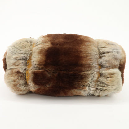 FENDI Seleria Leather Fur Mini Linda Hand Bag Brown White 8BR486