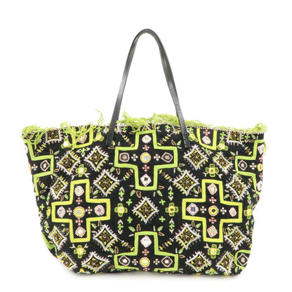 FENDI Canvas Leather Beaded Embroidery Tote Bag Hand Bag Black