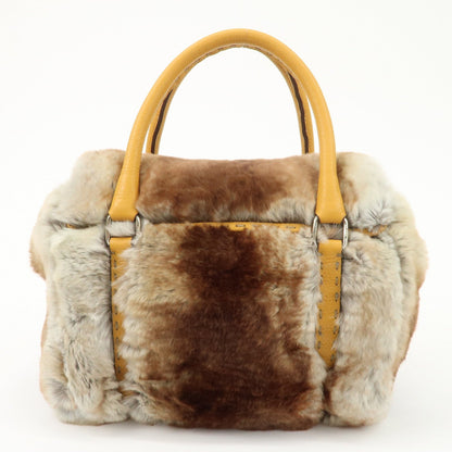 FENDI Seleria Leather Fur Mini Linda Hand Bag Brown White 8BR486