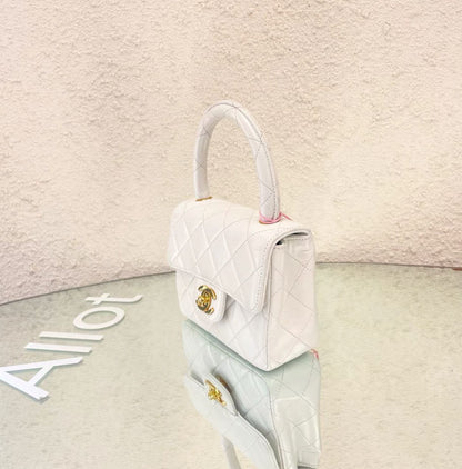 Chanel White Quilted Lambskin Cc Top Handle Mini Kelly Bag Gold Hardware 1994
