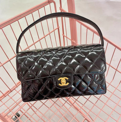 Chanel 1996 Medium Black Top Handle Kelly Medium Flap Bag - Patent Leather