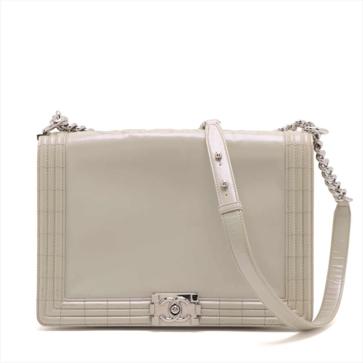 Chanel Boy Leather White Silver Pearl Chain Shoulder Bag