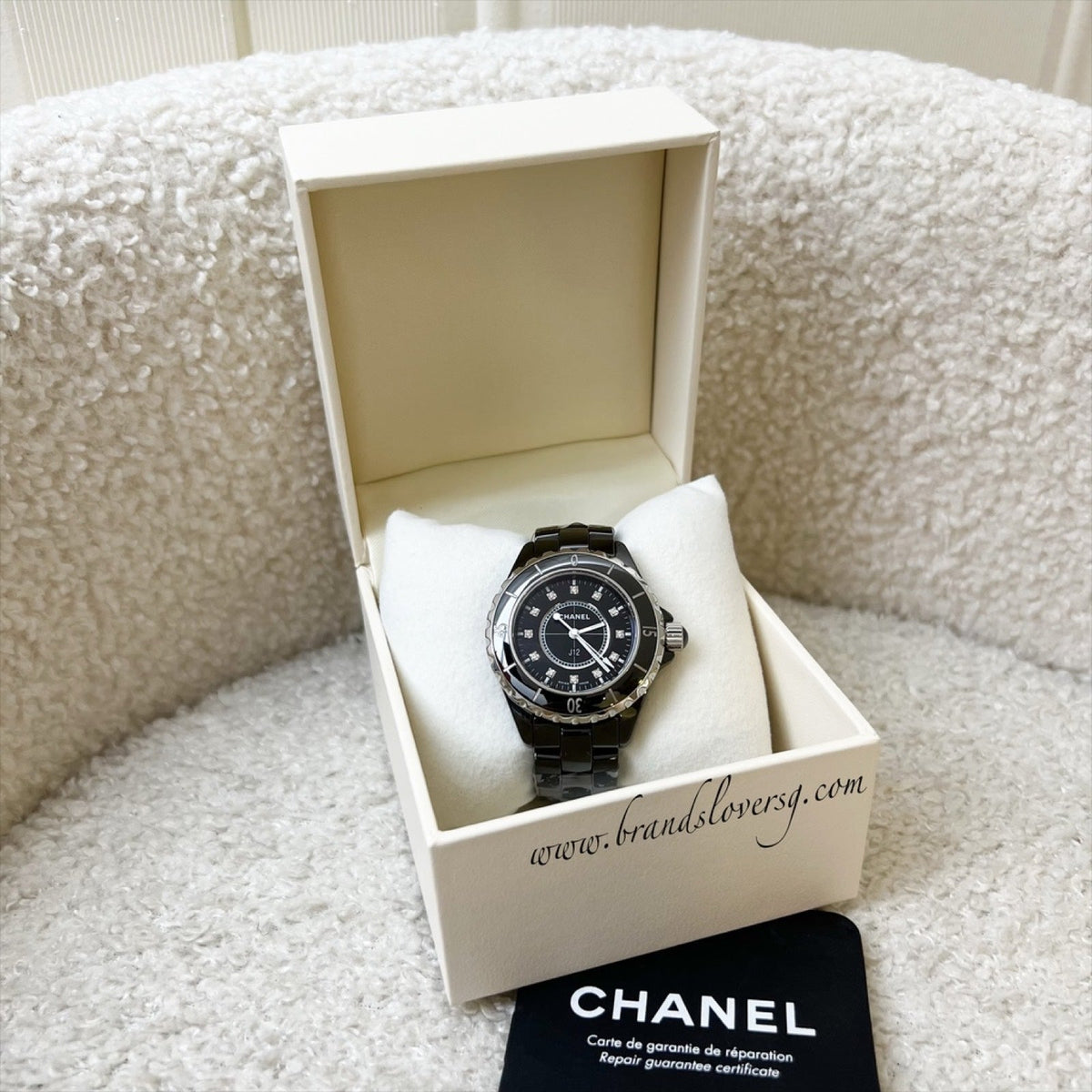 Chanel J12 Watch 33mm with 12 Diamonds in Black Ceramic Bracelet and Steel (2 Extra Links) (Model: H1625)