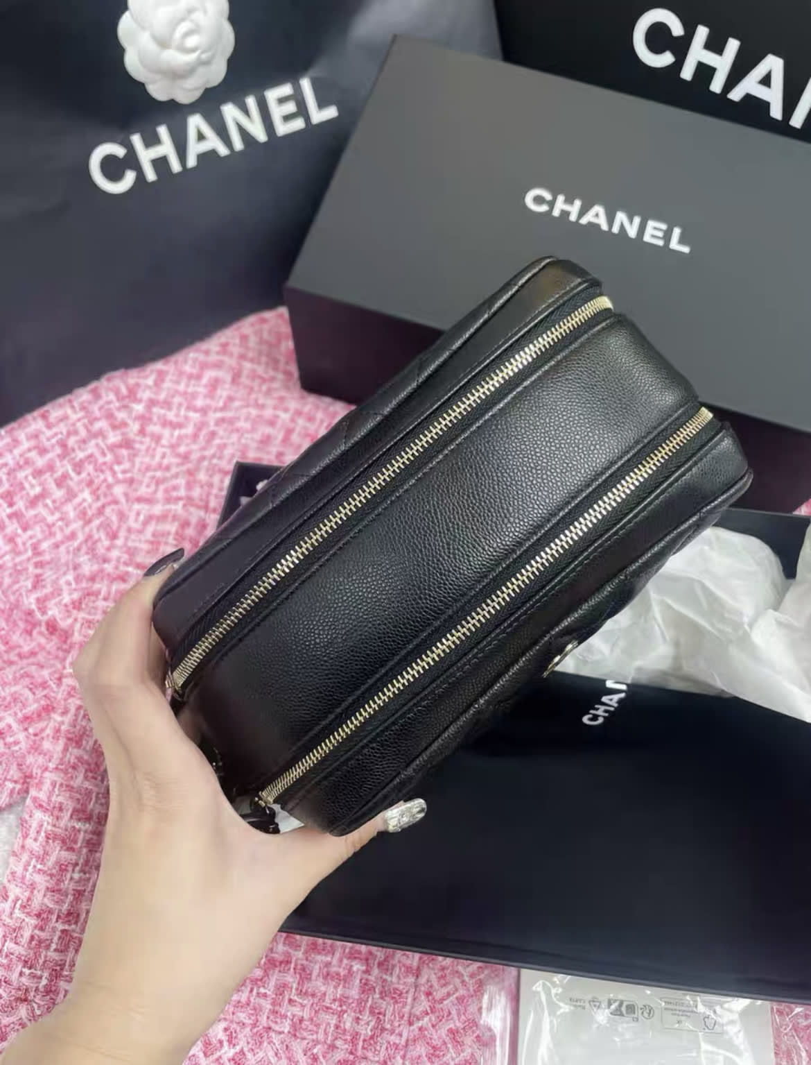 Chanel 24 Black Gold Lychee Leather Makeup Toiletry Bag Clutch