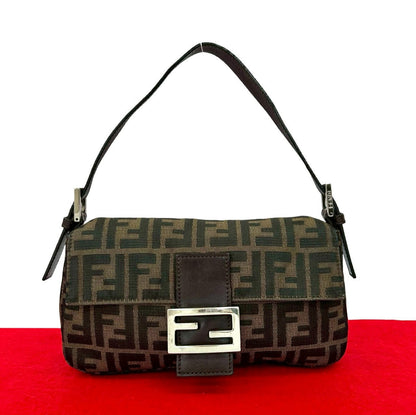 Fendi Mamma Baguette Canvas Leather Handbag