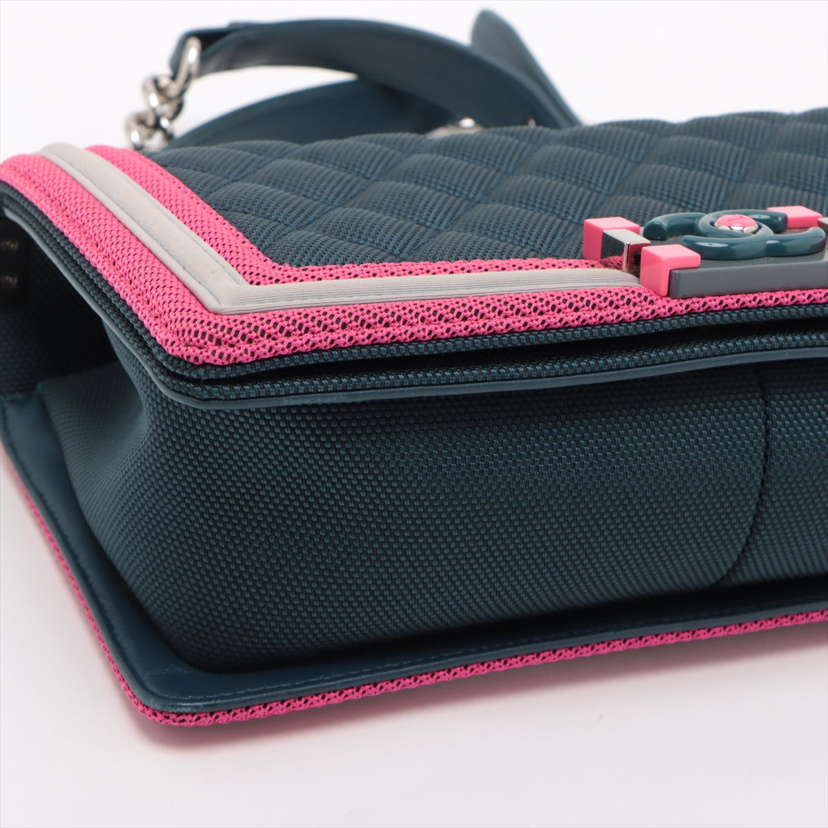 Chanel Boy Chain Shoulder Bag in Nylon Navy Pink