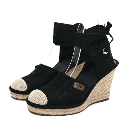 Fendi Canvas FF Embroidered Roma Ankle Wrap Wedge Espadrilles 36 Black
